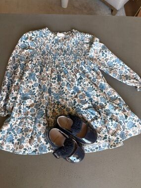 Mayoral Blue and Cream Floral Smocked Long-Sleeve Dress